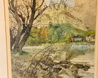 hand colored etching "Melk on the Danube" by Austrian artist Luigi Kasimire 1881-1962  signed