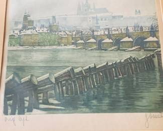 hand colored etching titled "Karluv Most--Charles Bridge" by artist Vaclav Soucek