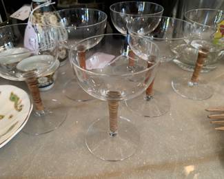 MCM era Carl Aubock martini glasses featuring stems wrapped in rattan