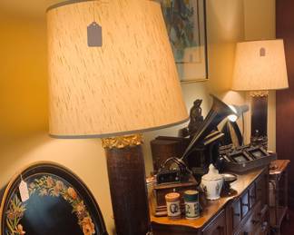 Pair of 19c wood column with gesso details that have been made into lamps. 19th c wallpaper design stamps or rollers.