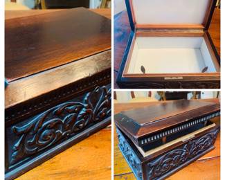 Early carved mahogany glass line humidor. Notice the clips to hold the sponge. 