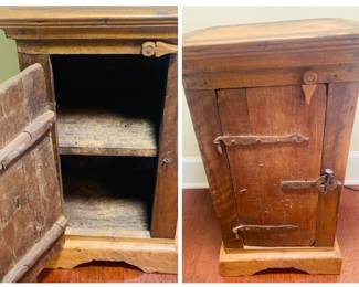 Petite early 19th c hand planed oak cabinet with hand forged strap hinges and fastener. The hinges are held on with early horseshoe nails
