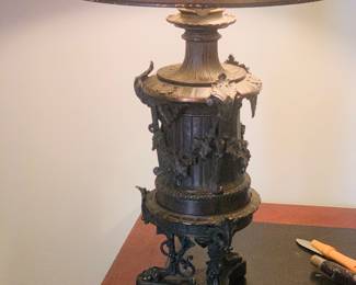 one of two 19th c  French bronze kerosene lamps made into electric lamps