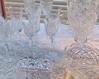 Wedge wood crystal stemware, Waterford crystal large vase , 3 Waterford crystal  bowls and a Tiffany trinket box. 