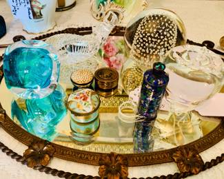Paperweight collection including Waterford, Steuben, Murano and Kaiser plus little Limoges boxes