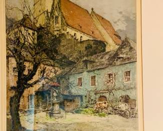 original colored etching "Weissenkirchen a. d.  Donau" by Austrian artist Luigi Kasimir 1881-1962 signed