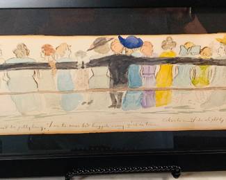 Early watercolor featuring a man with long arms holding lots of women-this is the inscription “Some bodies arms must be jolly long, For he vows he’s hugged every girl in town, Euther he must be slightly wrong or he’ thinks were a circus and he’s the clown. “
