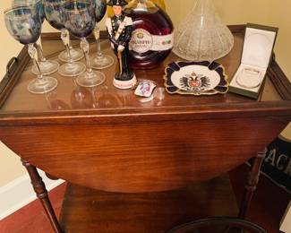 very nice vintage bar cart--do you see the beautiful blue stems?