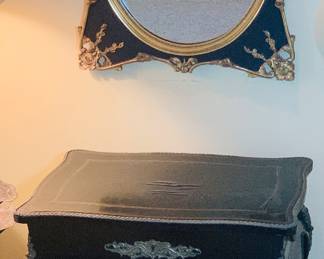 French Napoleon III vanity table, mirror, and stool featuring ebonized wood and brass inlay --mid 19th century