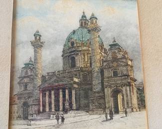 colored etching of Karlskirche in Vienna, a famous baroque church by Austrian artist Luigi Kasimir