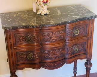 Louis XV carved walnut and marble demi chest