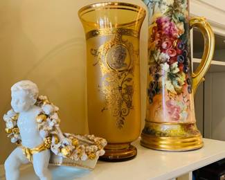 19th c German porcelain cherub and notice the French opaline glass with gold gilt detailing