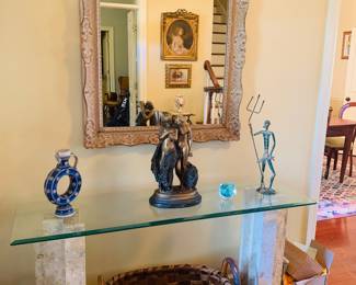 Brutualist  design sofa table, large hand made gathering basket and MCM sculpture of Poseidon holding a trident