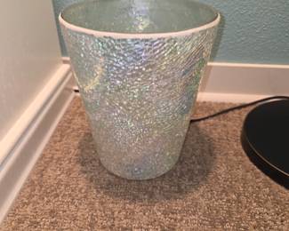 mosaic glass decorative item appears to be a wastebasket or vase featuring a shiny, cracked glass finish.