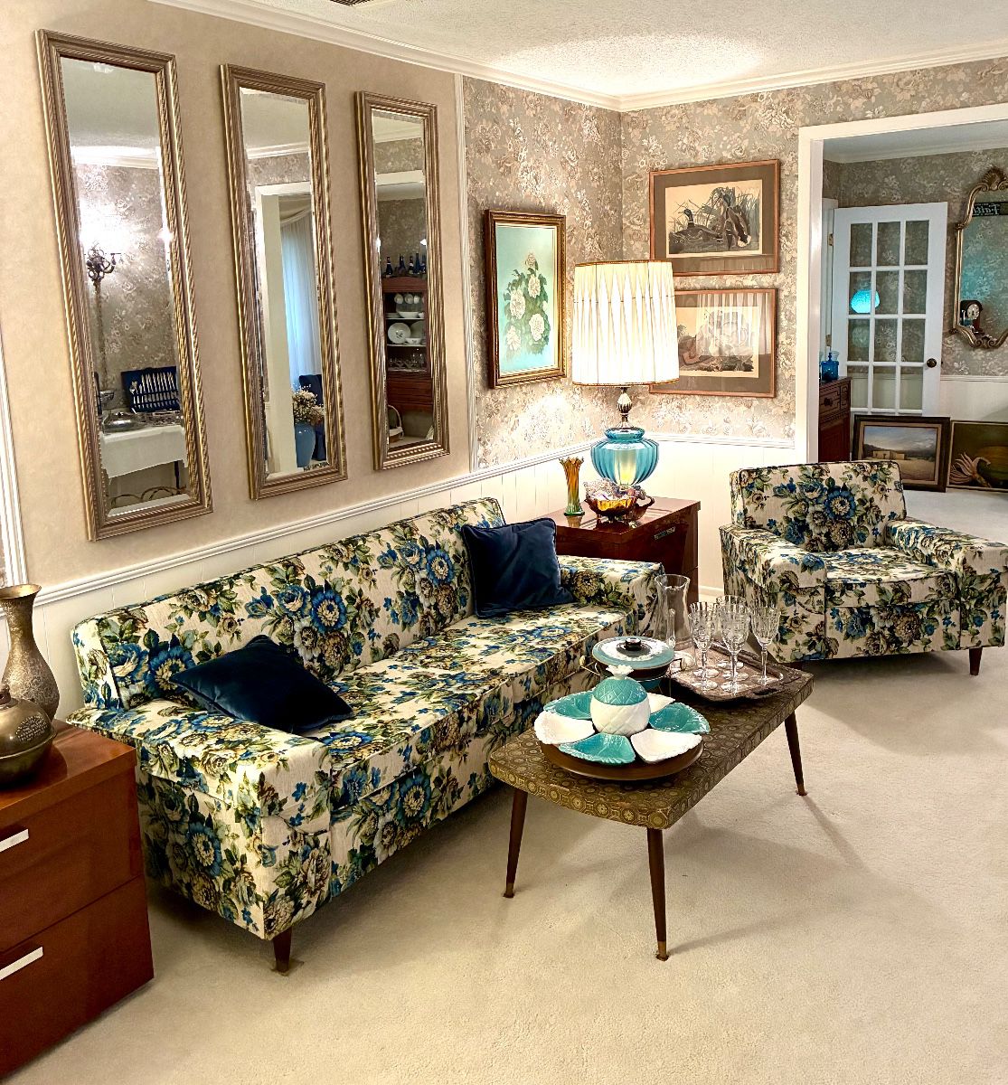 Madmen era MCM Floral Statement Sofa & Armchair, MCM tiled coffee table