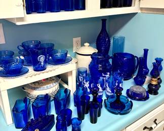 Blue glass section including Hazel Atlas glass sets