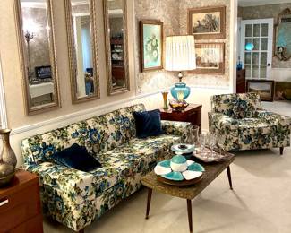 Madmen era MCM Floral Statement Sofa & Armchair, MCM tiled coffee table