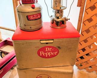 2 vintage Dr. Pepper coolers (one padded)Vintage Coleman Lantern. Therma-jug