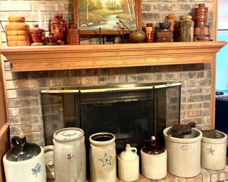 Large selection of whiskey jugs, crocks and butter churn pieces