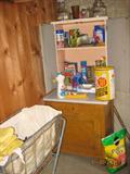 Enamel top cabinet, darling laundry basket (used as a planter in the catalog Grand in Road) & cute chip tin!
