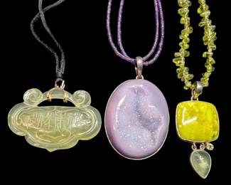 14k Gold Jade Pendant Necklace and Two Sterling Silver Necklaces