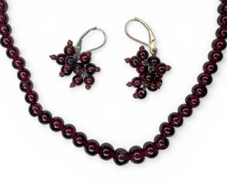 Garnet Beaded Necklace and Earring Set with 14k Gold 31.67g Total