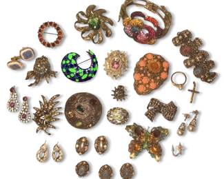 Colorful Rhinestone Brooches, Bracelets, Earrings Including Uranium Beads