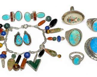 Sterling Silver Jewelry with Turquoise, Lapis Lazuli, Tigers Eye, More 90.8g Total