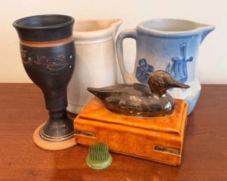 Pottery Pitchers, Duck Storage Box, Flower Frog And More
