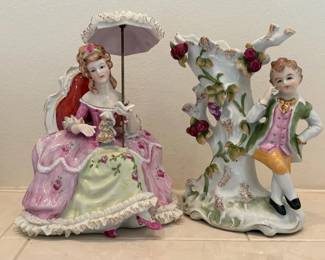 KPM Porcelain Victorian Woman Reading Floral Boy Vase Figurines