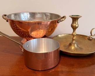 Brass Candlestick Holder, Copper Kitchen Strainer And Pot