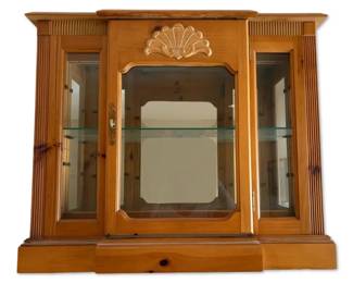 Pine Lighted Curio Wall Cabinet w Glass Shelving