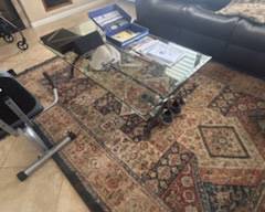 AREA RUG, GLASS TOP TABLE, SOFA