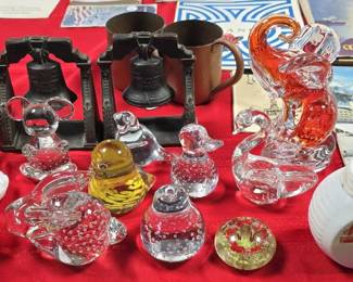 CAST IRON BOOKENDS, PAPERWIEGHTS & GLASSWARE