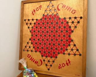 ANTIQUE 1928 HOP CHING WOOD GAME BOARD NO. 2739 & BAG of MARBLES by J. PRESSMAN