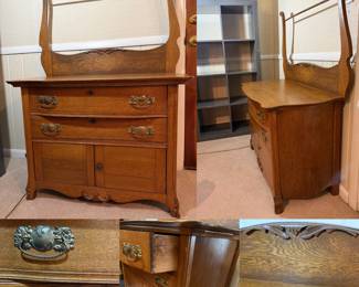 1920’s  Antique Oak Washstand With Towel Bar