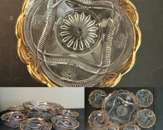 7 pc antique Early American pressed Glass gold trim berry bowl set
