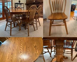 Oak Pedestal Dining Table & 6 Windsor-style chairs