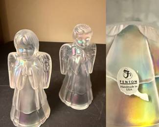 Vintage Fenton Frosted Irridescent Glass Boy & Girl Christmas Angels 5"