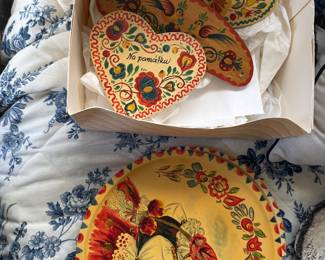 Czech folk art plate and hand-painted wooden heart