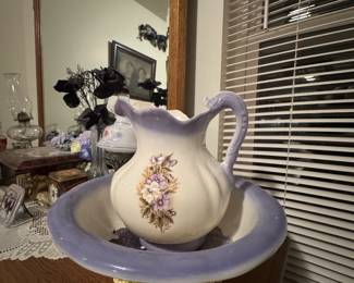 Vintage hand washing pitcher and basin bowl cottage core 