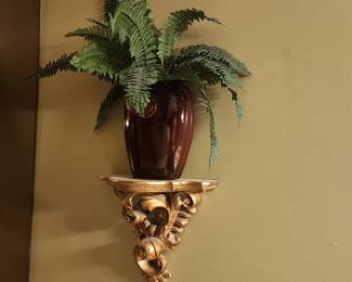 Red Vases with Greenery on Victorian Styled Gold Shelves (we have 2 of these)
