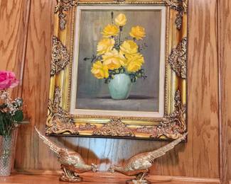 Floral Oil Painting in beautiful Victorian Frame and 2 Brass Pheasants