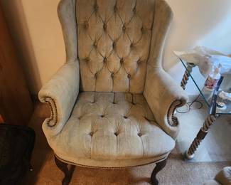Matching Pair of Light Blue Vintage Victorian Style Button Tufted Wingback Chairs and nailhead trim - Excellent Condition (we have 2))