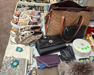 Genuine Fox Fur Gloves (original price $250!),  Free People Crocheted Shoes,  small purses/wallets - The Coach Bag and Shoes are sold