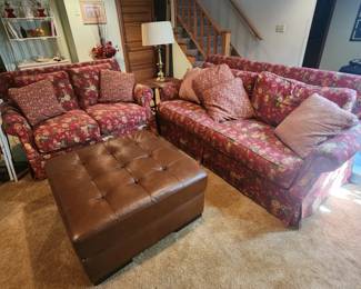 French Country Red Floral Sofa and Love Seat and Brown Ottoman