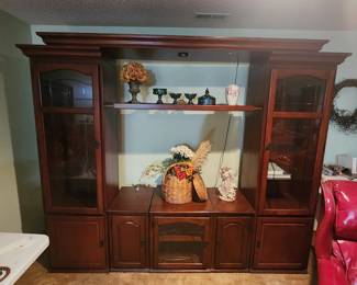 Modular Dark Finish Entertainment Center with lighted glass curio cabinets - Excellent Condition