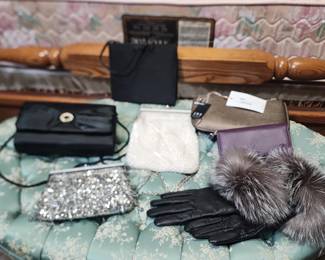 Small Clutches - some are jeweled / sequenced, a pair of leather gloves with fur cuffs