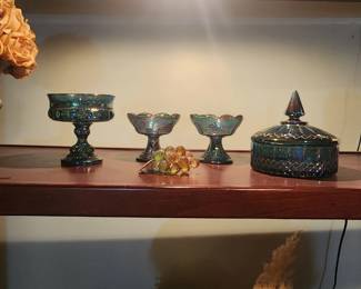 Vintage Indiana Glass Company "Princess" blue iridescent carnival glass candy dish, pedestal compote, and two smaller pedestal bowls