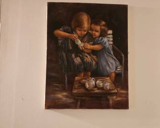 Oil painting of 2 young children playing tea party